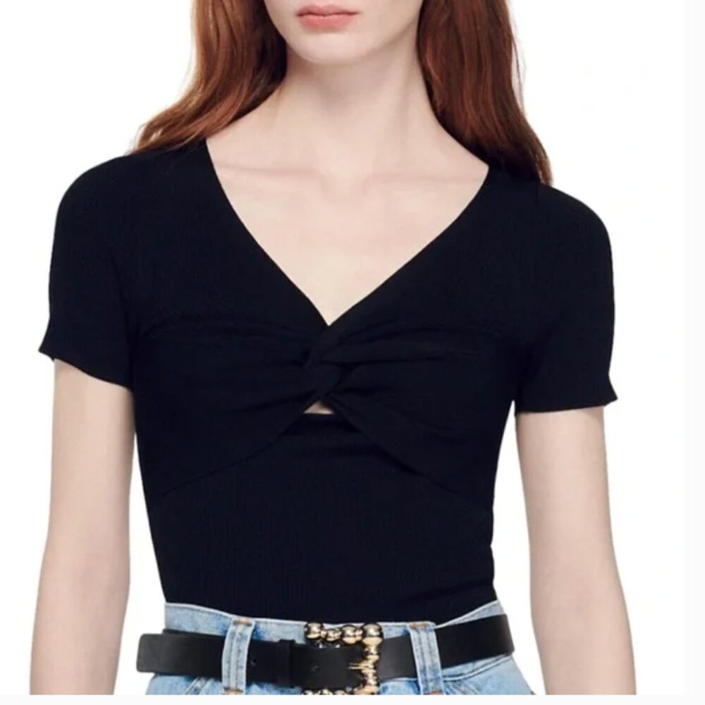 Sandro Paris Black Twisted Short-Sleeve Crop Top